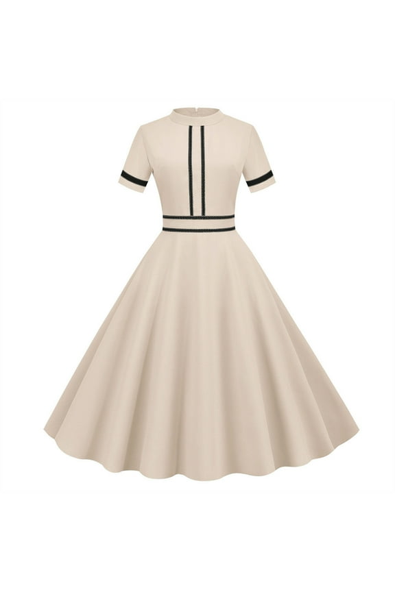 Short Sleeve Dress for Women Summer Female Crew Neck Short Sleeve Knee Length Vintage Dress Style D-65 Evening Dresses Regular Summer Dresses , Beige S