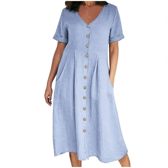 Bigersell Short Sleeve Dress for Women Summer Female V-Neck Short Sleeve Midi Shirt Dress Style D-83 Ladies Formal Dresses Plus Size Summer Dresses , Light Blue S