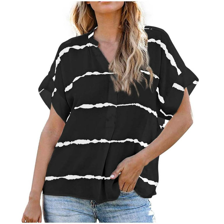 Bigersell Short Sleeve Shirts for Women Spring and Summer Fashion V-Neck  Stripe Print Casual Short Sleeve Big & Tall Button-Down Scoop Neck Short  Sleeve Ladies Tunic Tops Style B24567, Black M 