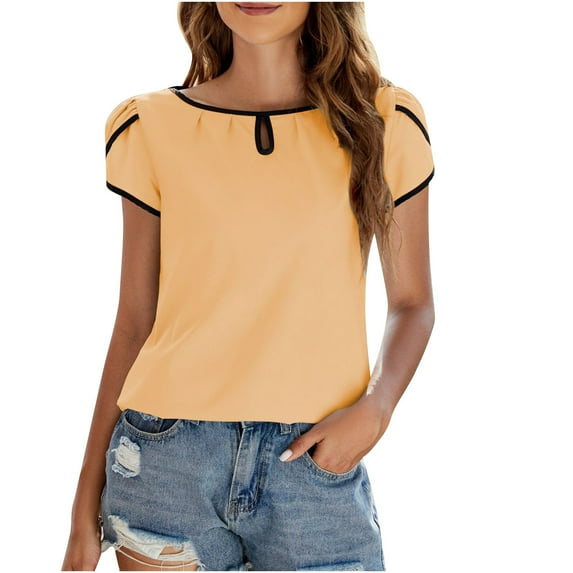 Bigersell Short Sleeve Summer Tops Women's Solid Color Round Neck Underwaist Comfortable Loose T-shirt Short Sleeve Blouse Casual Tops V-Neck Short Sleeve Summer Tops Style B18647, Yellow XXL