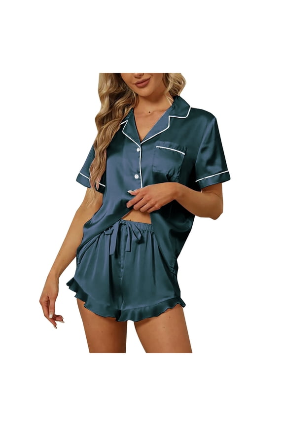 Silk Pajamas for Women Womens Button-Down Pajamas Set Solid Notched Lapel Collar Short Sleeve Sleepwear Soft Pjs Shorts Sets Bride Lounge Sets Two Piece Outfits F-Navy XXL