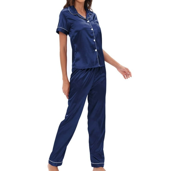 Bigersell Silk Satin Pajamas Set Women Two-Piece Nightwear Short Sleeve Sleepwear Soft V-Neck Button up Tops and Pajama Pants Sets Loungewear Pjs Set 2 Piece Outfits Blue M