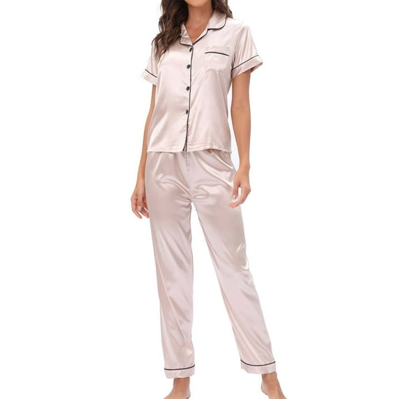 Bigersell Silk Satin Pajamas Set Women Two-Piece Nightwear Short Sleeve Sleepwear Soft V-Neck Button up Tops and Pajama Pants Sets Loungewear Pjs Set 2 Piece Outfits Beige M