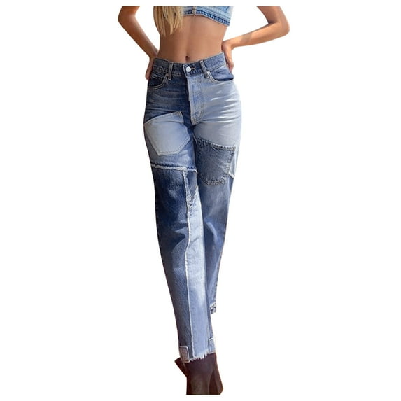 Bigersell Skinny Jeans for Women Boot Cut Jeans Deals Stretch Jeans Ladies Capris Denim Pants Button Closure Light Wash Distressed Flare Jeans Female Loose High Waist Cropped Pants Style J-151 Blue L