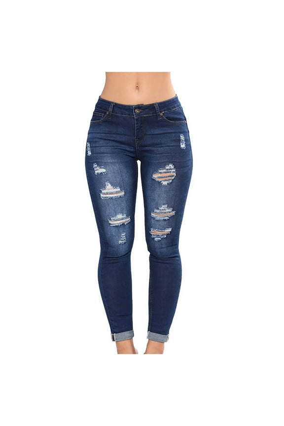 Skinny Jeans Women Distressed Ripped Boyfriend Jeans Destroyed Hole Slim-Leg Denim Pants Button Closure Mid Waist Ankle Jeans with Pockets Dark Blue XL