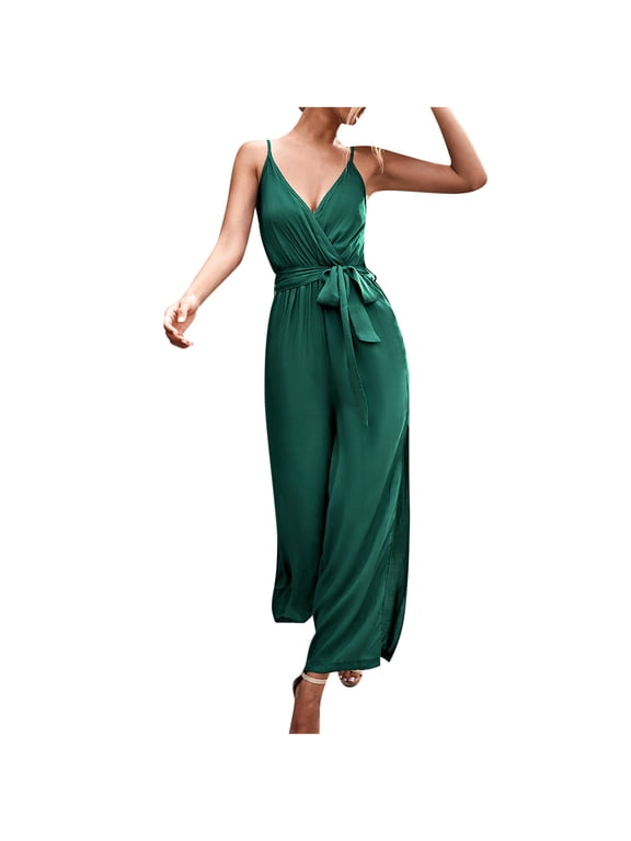 Skinny Jumpsuits for Women Jumpsuit Fashion Women's Casual Solid Color Sleeveless Suspenders V Neck Split Jumpsuit Ladies Wide Leg Jumpsuits