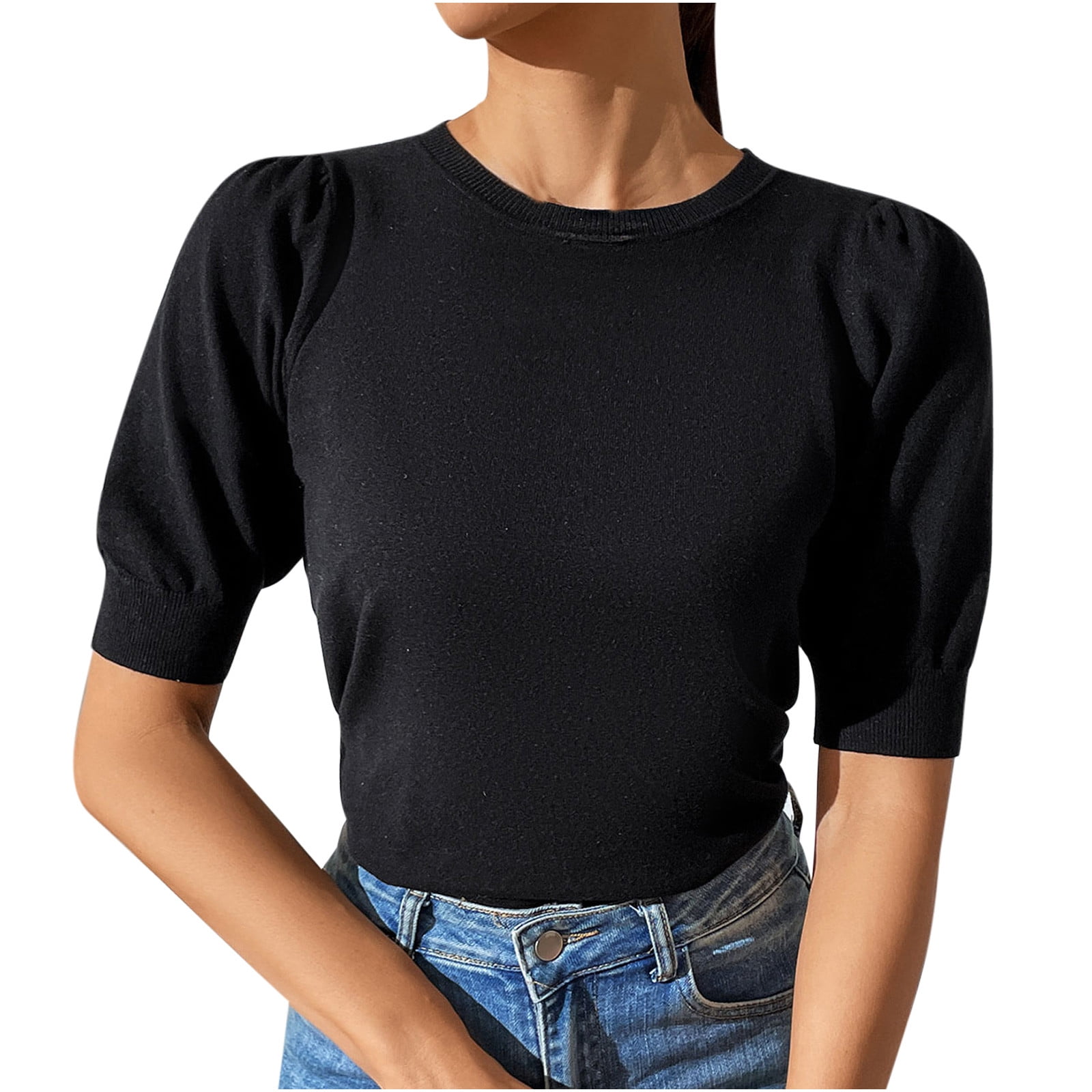 Bigersell Sleep Shirts for Women Fashion Short Sleeve Round Neck Solid  Color Loose Tops Blouse Puff Sleeve Knitted Big & Tall Lace Sweetheart  Short Sleeve Tunic Tops Style B3222, Black M 