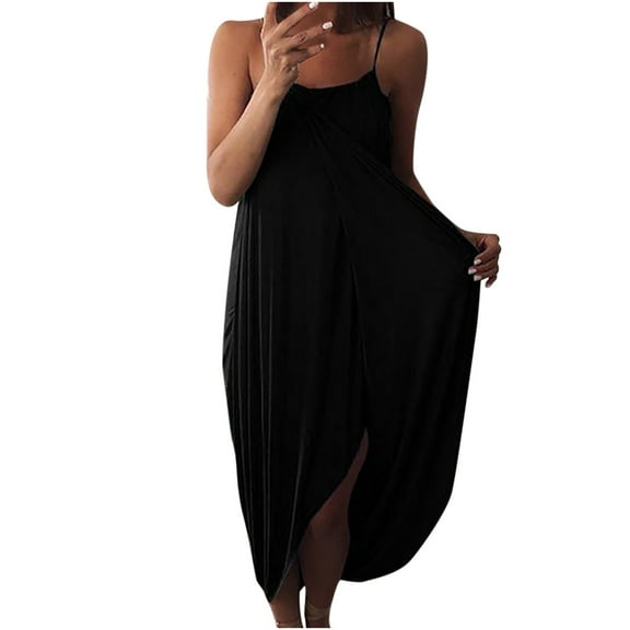 Bigersell Sleeveless Beach Dress for Women Casual Summer Sling Solid Color Loose Sleeveless Cross Irregular Dress Women T-Shirt Dress Style 29105, Female Ankle-Length Dresses Black L