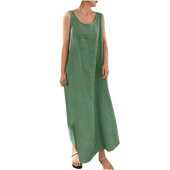 Bigersell Sleeveless Dress Women's Fashion Cotton and Linen Crew Neck Loose Sleeveless Solid Mini Dress Big & Tall Cocktail Dress Style 42458, Female High Low Dresses Green L
