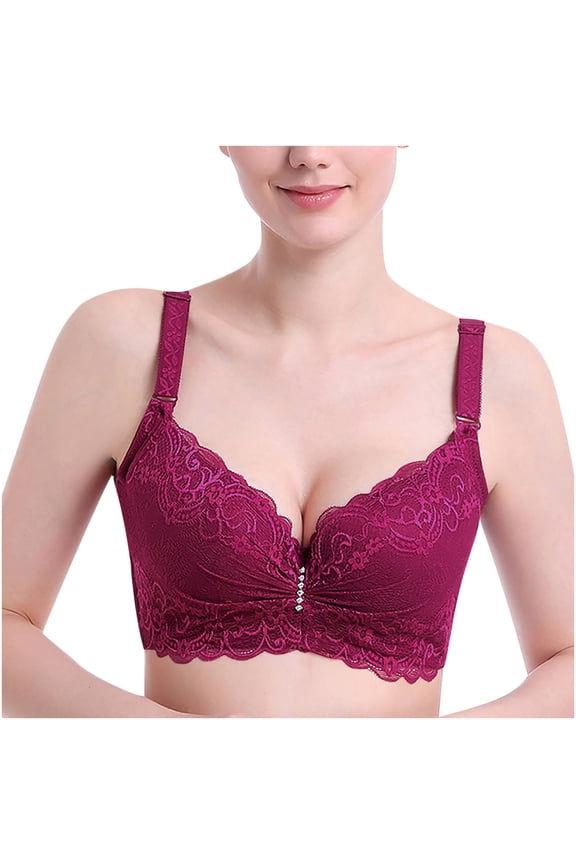Soft Bra Women Fashion Underwire Lace Comfortable Push Up Hollow Out Bra Underwear Tall Size Full-Coverage Underwire Bra, Style 4542, Wine 36C