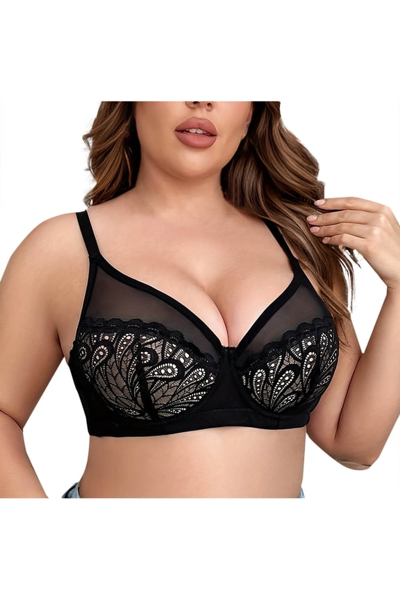 Soft D Cup Bras for Women Plus Size Lace Mesh Wireless T-Shirt Bras Comfort Push up Bras No Underwire Padded Bralette , B12-11, Black, 85C