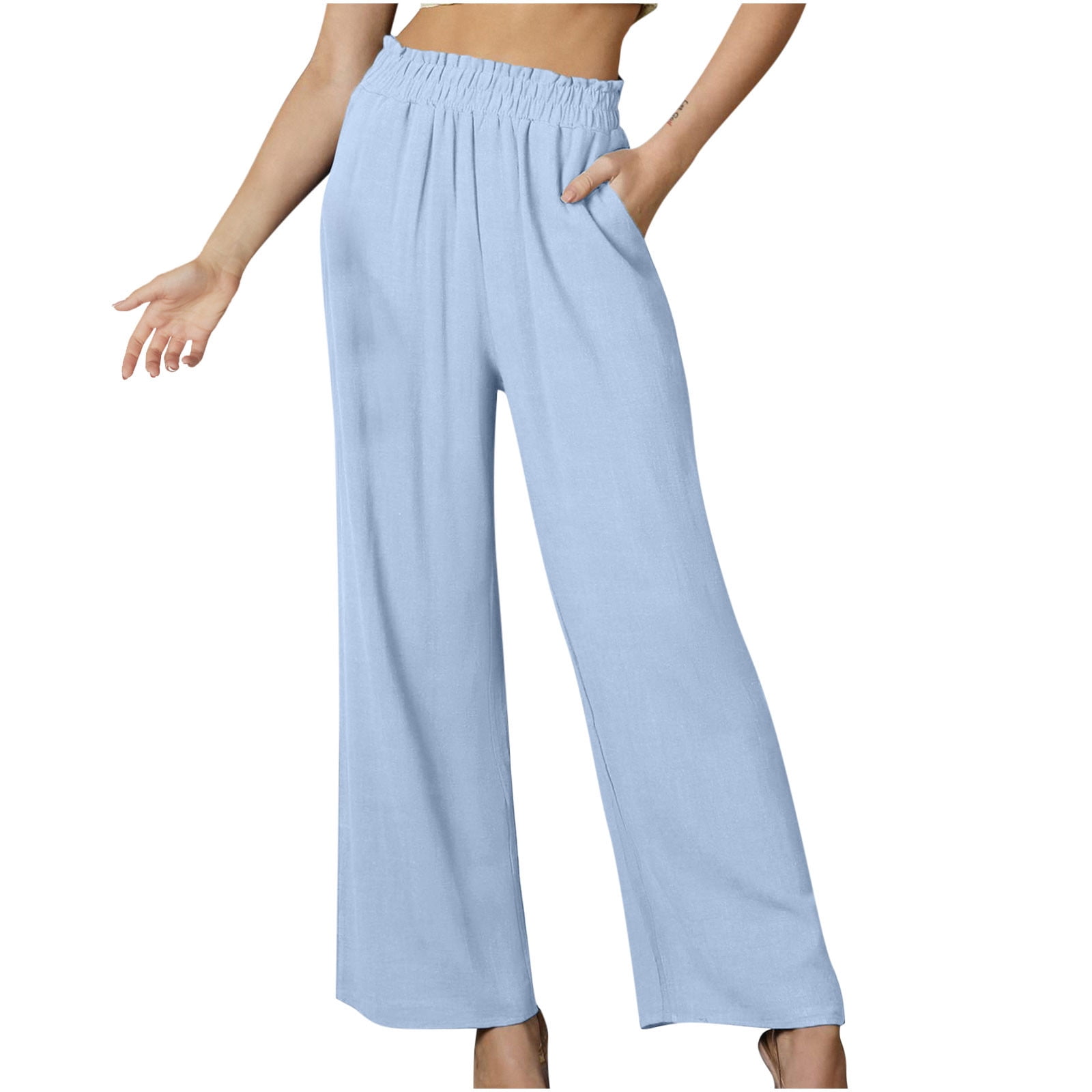 Bigersell Solid Blue Pant for Women Full Length Pants Fashion Women's  Casual Elastic Waist Pocket Solid Color Trousers Long Pants Solid Blue Pant  for Ladies 