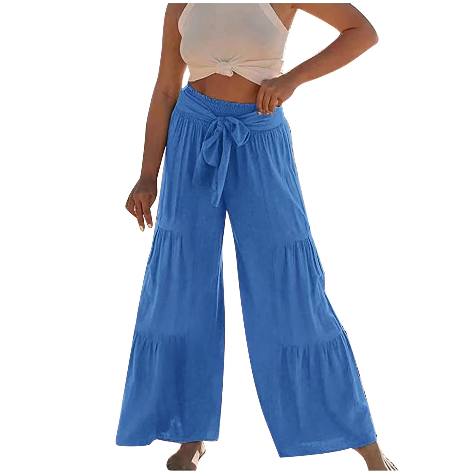 Bigersell Solid Blue Pant for Women Full Length Pants Women's Fashion  Casual High Waist Elastic Waist Drawstring Straps Solid Color Ruffle Wide  Leg Long Pants Ladies' Shaping Bootcut Pants 