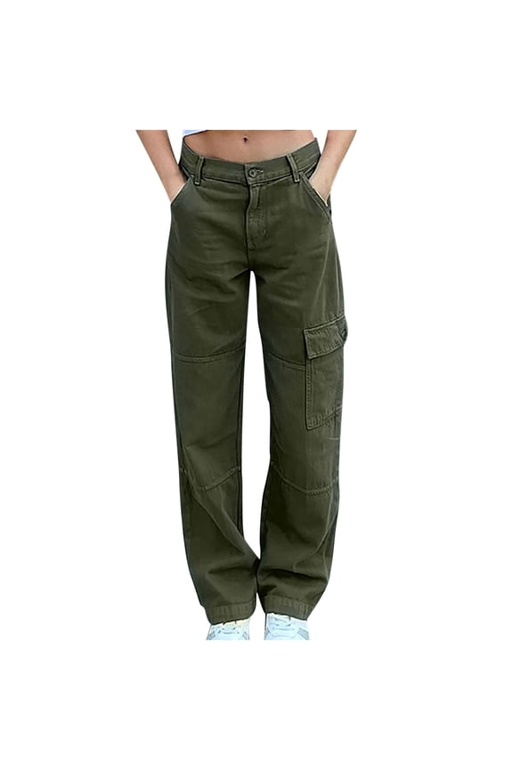 Solid Blue Pant for Women Full Length Women's Street Style Fashion Design Sense Multi Pocket Overalls Drawstring Elastic Low Waist Sports Pants Ladies Ripped Boyfriend Overall Jeans