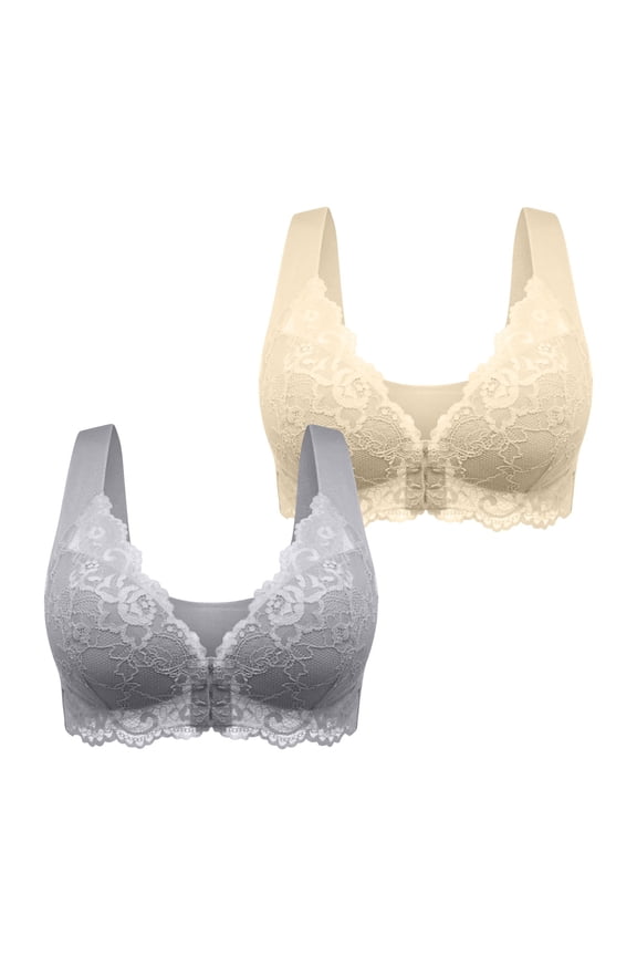 Sports Bra for Women On Sale 2pc Women's Lace Front Buckle Bra Wire Underwear Pullover Bra Everyday Underwear Bras pullover Bra Style F-140 Beige XL