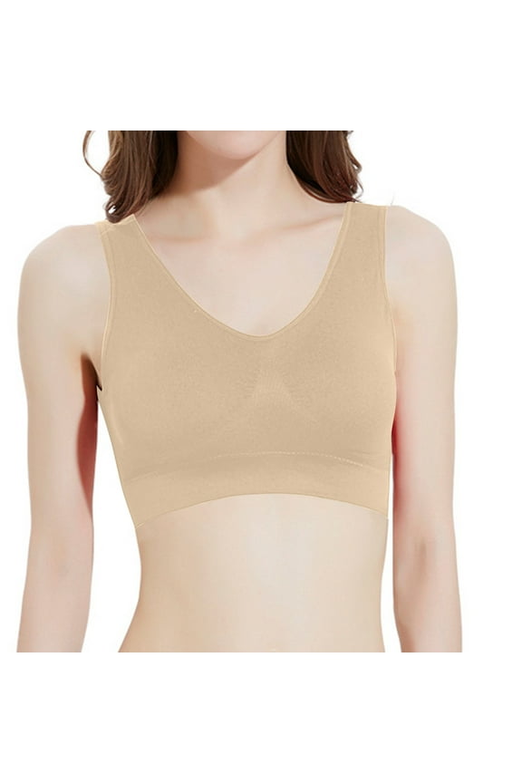 Sports Bras for Women Front Ruched Padded Push up Bras No Underwire Ladies Back-Smoothing Pullover Bra No Padding Breathable Pull On Wireless Bra Beige L
