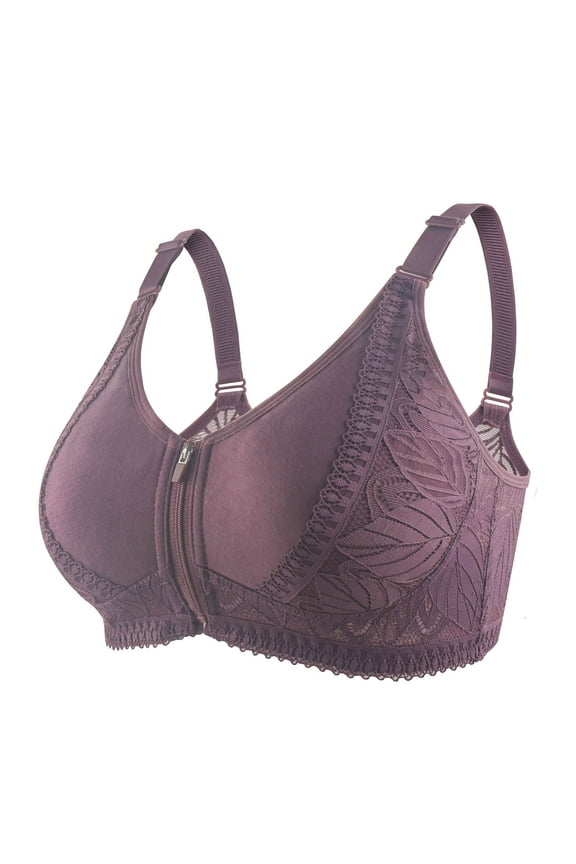 Sports Bras for Women On Sale Women's Bras Wire-Free Bra Style B1019 V-Neck Lightly Lined Bras Zipper Bra Closure Big Girls Size Full-Coverage Bras for Women Purple 46