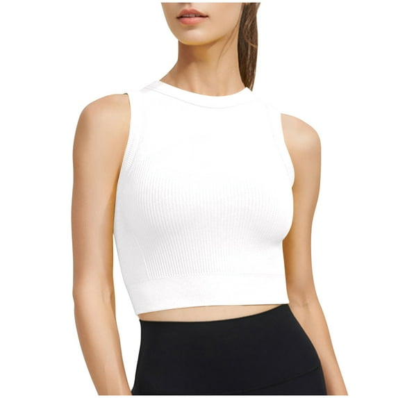 Bigersell Sports Bras for Women Sleeveless Ribbed Cropped Tank Tops with Built in Bras Yoga Sports Bra Workout Crop Tops Wireless Bralette Comfort Soft Padded Athletic Tops Running Bra White M