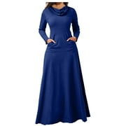 BIGERSELL Spring Dresses Deals Female Turtleneck Long Sleeve Maxi Maxi Dress Style D-62 Vacation Dresses Ladies Beach Plus Size Summer Dresses , Navy 3XL