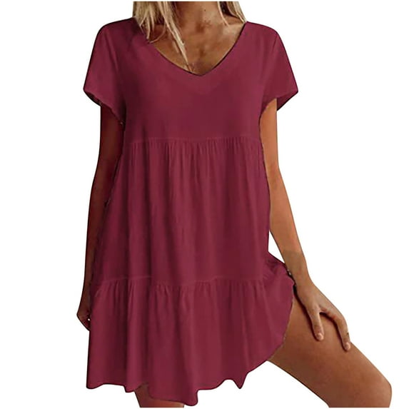 Bigersell Spring Dresses Deals Female V-Neck Short Sleeve Above Knee Sun Dress Dress Style D-143 Floral Dress Ladies Regular Summer Dresses , Wine XXL