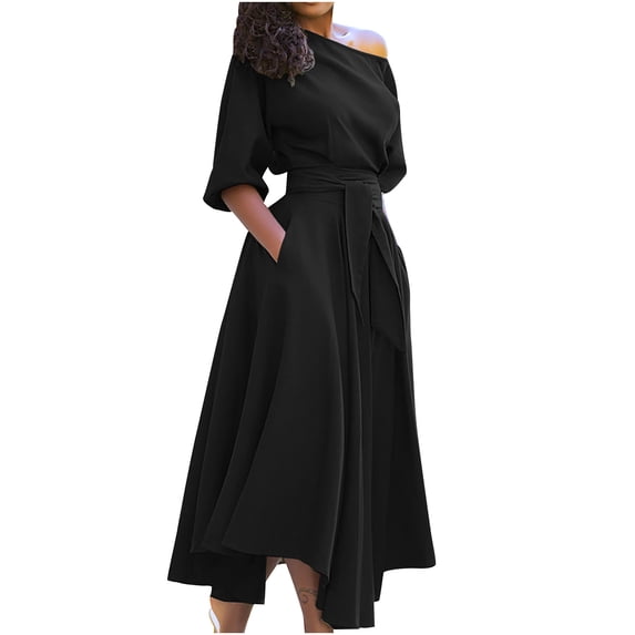 Bigersell Spring Dresses Summer Female One Shoulder Short Sleeve Midi Cocktail Dress Style D-36 Ruched Dresses Ladies Regular Summer Dresses , Black S