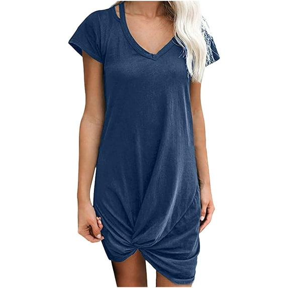 Bigersell Spring Dresses for Women 2023 Fashion Women Short Sleeve Dress Solid Casual V-Neck Mini Dress Female Dresses Women Boho Dresses, Style 12795, Dark Blue XL