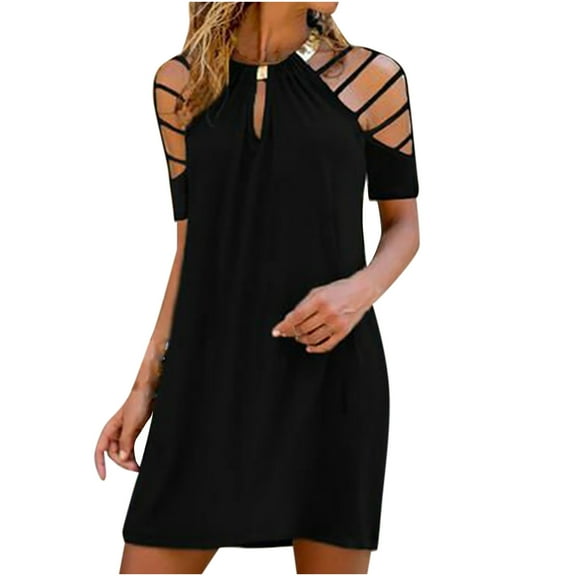 Bigersell Spring Dresses for Women Fashion Short Sleeve Printed Off Shoulder Metal Halter Dress Prom Dresses for Teens Women's Plus Faux-Wrap Dresses, Style 17542, Black M