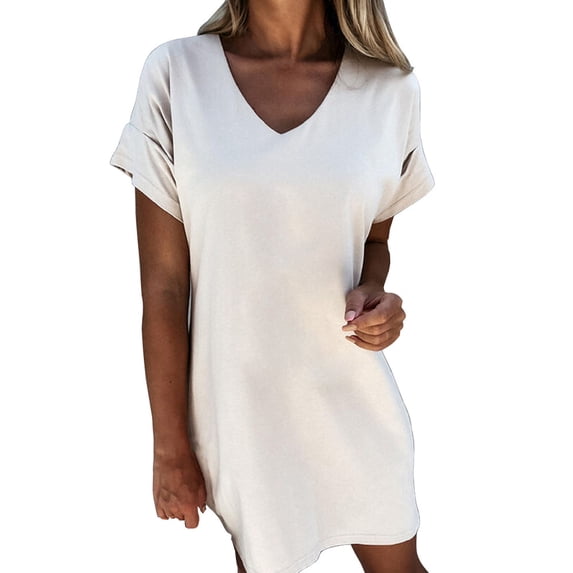 Bigersell Spring Dresses Women's Casual Fashion V-Neck Solid Color Short Sleeve Short Skirt Dress Plus Size Summer Dresses Women's Plus Maxi Dresses, Style 30721, White XL