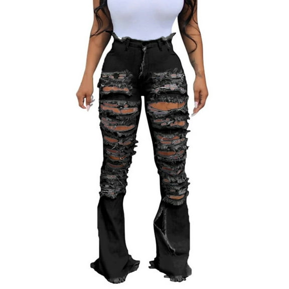 Bigersell Straight Leg Jeans for Women Cropped Jeans Clearance Black Ripped Jeans Straight-Leg Denim Pants Ripped Skinny Jeans High Waisted Straight High Waist Cropped Pants Style J-150 Black XL