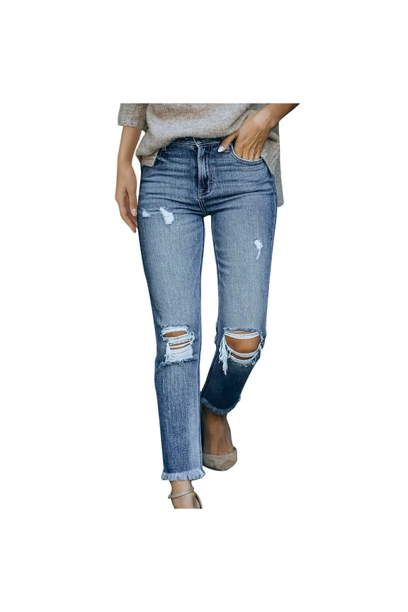 Stretch Pant for Women Full Length Pants Fashion Women Pockets Button Mid Waist Skinny Ripped Jeans Trousers Hole Denim Pants High Waist Flare Pants for Ladies