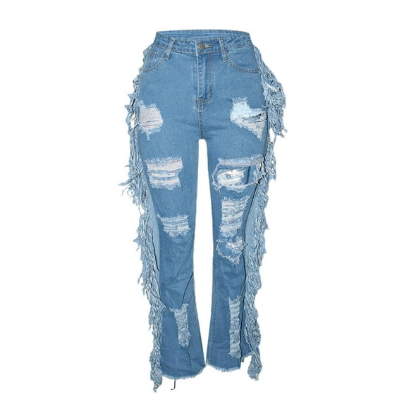 Bigersell Stretch Pant for Women Full Length Women’s Casual Tattered Fringed Jeans Fashion Personality Street Trend Denim Pants Girls Flare Jumpsuits