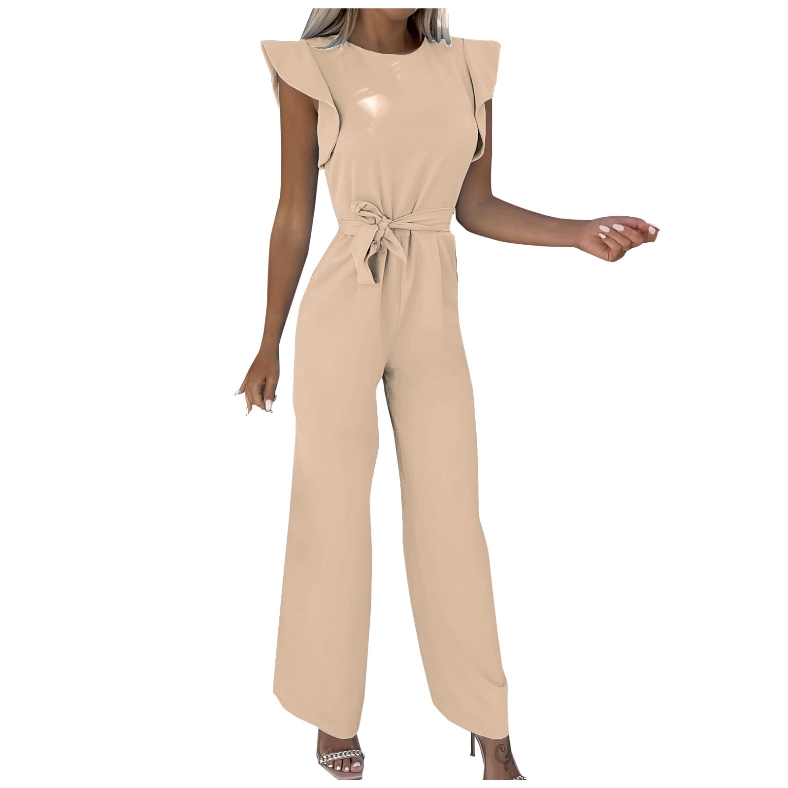 Bigersell Stretch Skinny Jumpsuits with Hole Jumpsuit Womens Fashion Summer  Solid Casual Ruffle Short Sleeve Suspender Jumpsuit Curvy Bootcut