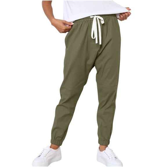 Bigersell Stretch Skinny Pants with Hole Full Length Pants Women's Cotton Linen Solid Long Pants High Waist Drawstring Loose Casual Stretch Pant for Ladies