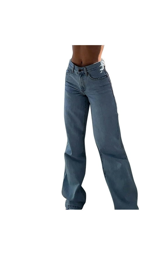 Stretchy Jeans Juniors Jeans Sale Tall Jeans Ladies Capris Denim Pants Button Closure Washed Distressed Wide Leg Jeans Female Fitted High Waist Cropped Pants Style J-12 Blue XL