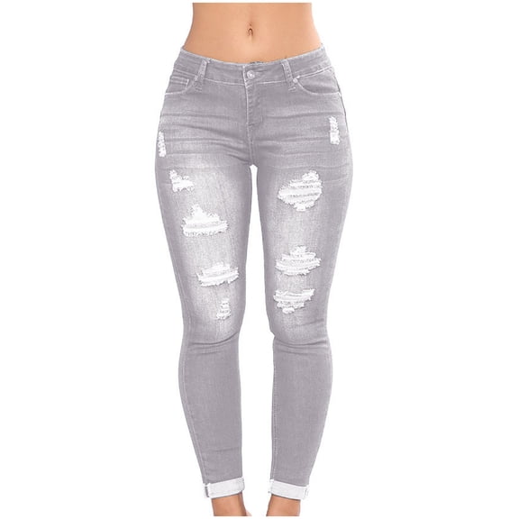 Bigersell Stretchy Jeans Woman Cropped Jeans Summer High Waisted Flare Jeans Ladies Boot Cut Denim Pants Button Closure Ripped Blue Jeans Female Loose Mid Waist Ankle Length Pants Style J-71 Gray XL