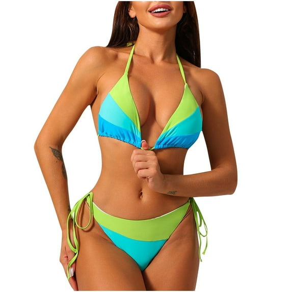 Bigersell String Bikini Sets for Women Tie Side Thong Halter Two Piece Swimsuits Striped Print 2 Piece Bathing Suit Green S