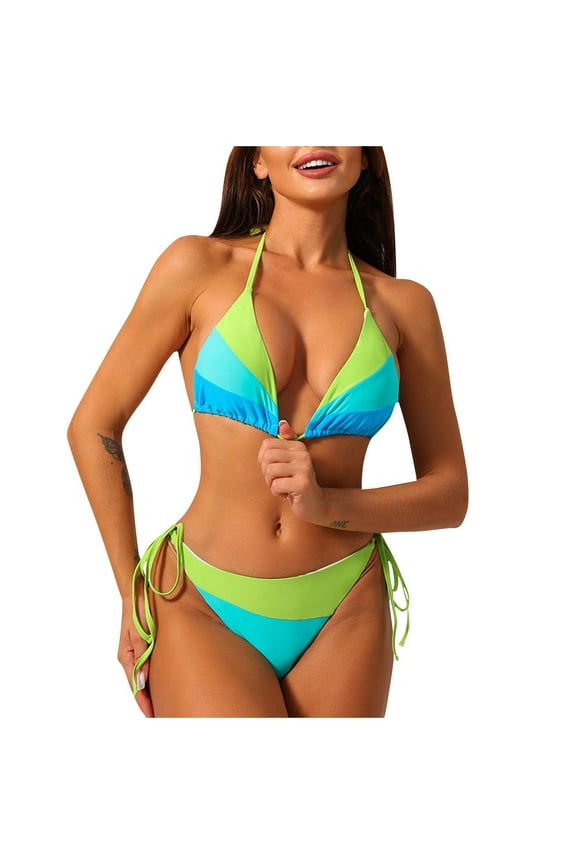 String Bikini Sets for Women Tie Side Thong Halter Two Piece Swimsuits Striped Print 2 Piece Bathing Suit Green S