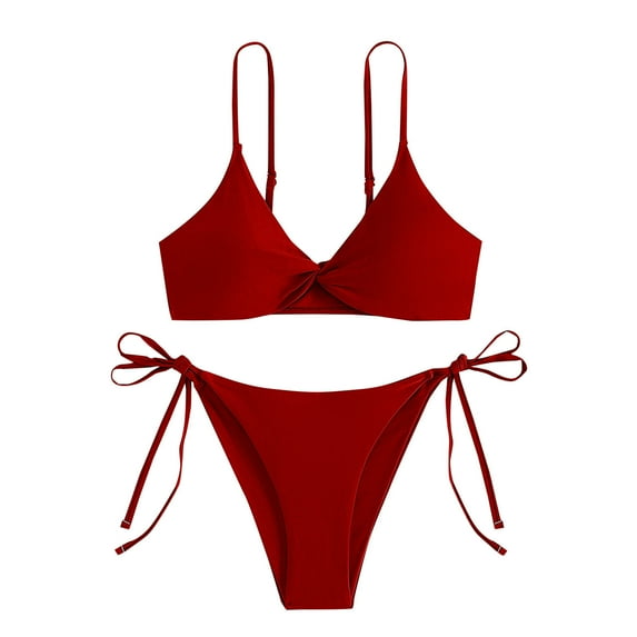 Bigersell String Thong Swimsuits for Women Tie Side Bikini Sets Spaghetti Straps 2 Piece Bathing Suits Wine L