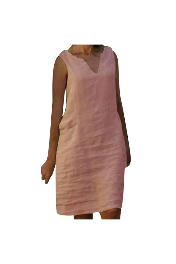 Summer Dresses Fashion Women Casual Plus Size V-Neck Soild Color Sleeveless Tank Linen Dress Tall A-Line Dress Style 28120, Female Mid-Length Dresses S