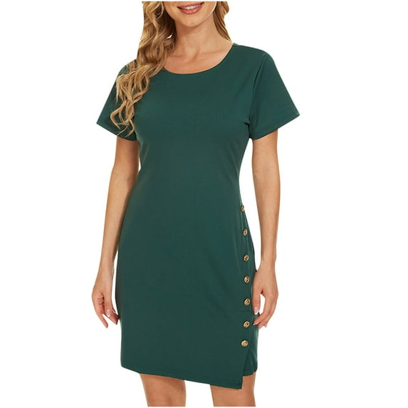 Bigersell Summer Dresses for Women 2023 Fashion Women Summer Button Round Neck Solid Diamonds Short Sleeve Mini Dress Cocktail Dresses Female Evening Party Women A-Line Dresses, Style 19170, Green M