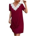 thumbnail image 1 of Bigersell Summer Dresses for Women 2023 Fashion Women Summer Short Sleeve Solid V-Neck Lace Patchwork Dress Women's Plus Slip Dress Dresses, Style 20995, Wine Red S, 1 of 6