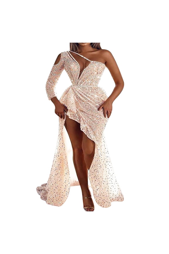 Summer Dresses for Women 2023 Women's and Elegant Off-the-Shoulder Backless Sequin Evening Short Sleeve Dress for Dinner Dress Regular T-Shirt Dresses, Style 34865, Beige S
