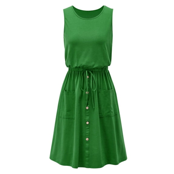 Bigersell Summer Dresses Women Casual Solid Color Crew Neck Sleeveless Button Loose Dress with Pocket Women's Plus Little Black Dress Style 32208, Female Mini Short Dresses Green XXL