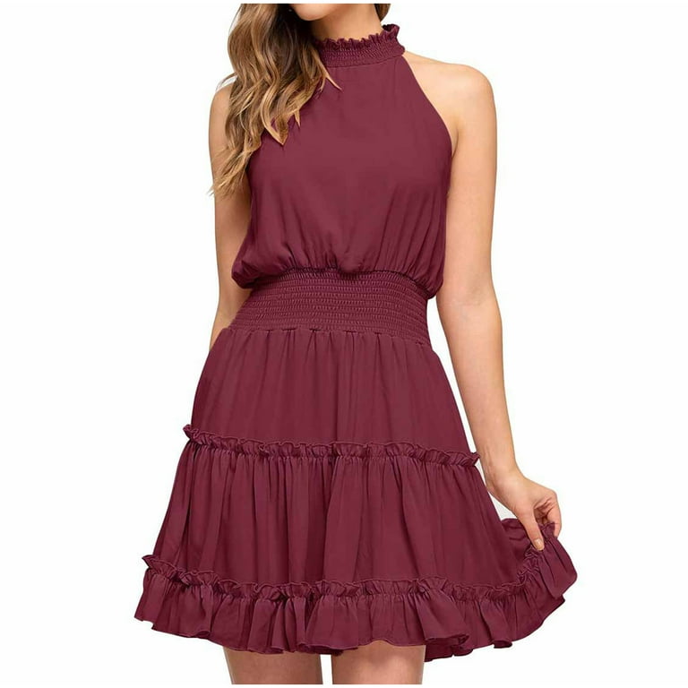 2022 Summer Solid Colour Ladies Spaghetti Strap Casual Sleeveless Pleated Dresses 2022 Summer Solid Colour Ladies Spaghetti Strap Casual Sleeveless Pleated Dresses