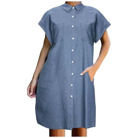 Bigersell Summer Dresses for Women Summer Short Sleeve Loose Casual Solid Color Single Breasted Denim Dress Cocktail Dress Regular Mini Dresses, Style 26114, Blue M