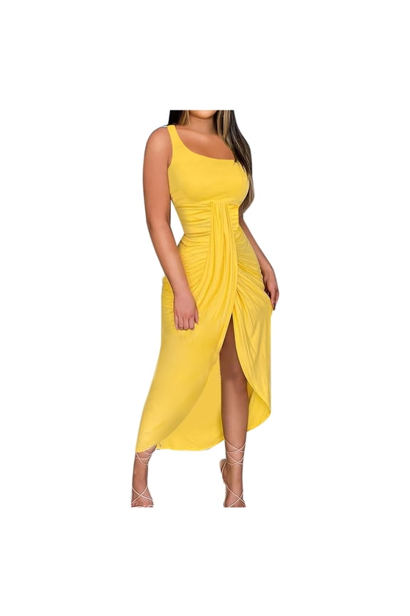 Summer Dresses Women's Summer Solid Strapless Long Dress Beach Split Dress Party Club Dress Women's Plus Sun Dress Style 41460, Female Full-Length Dresses Yellow XXL