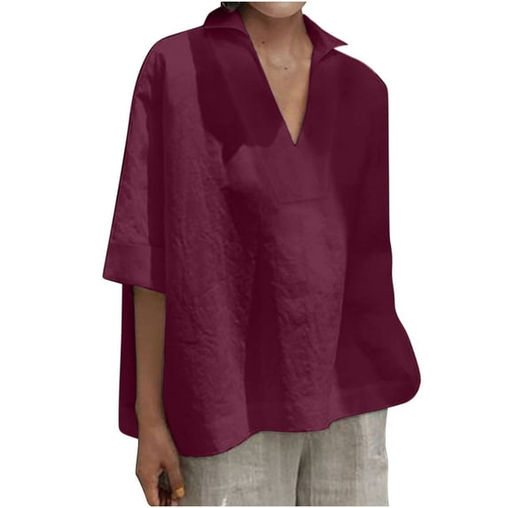 Bigersell Summer Tops for Women 2023 Women's Summer Fashion Cropped Sleeves Lapel V-Neck Cotton Line Loose Shirt Blouse Big & Tall Lace Crew Neck Short Sleeve Tunic Shirts Style B51152, Wine S