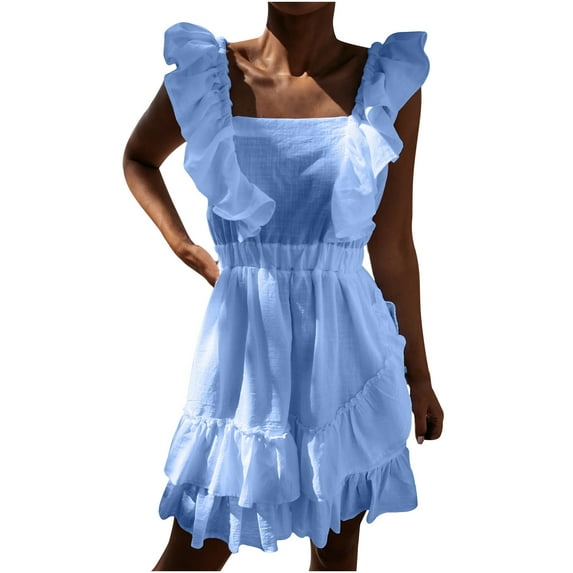 Bigersell Summer Wedding Guest Dresses for Women Fashion Casual Soild Ruffles Sleeveless Slash-Neck Ankle-Length Dress Women's Plus Mini Dress Style 8664, Female Mid-Length Dresses Light blue M