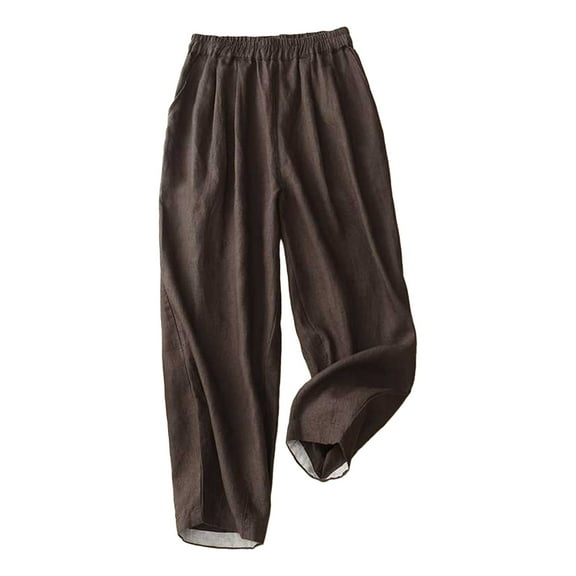 Bigersell Summer Womens Pants Women's Fashionable Solid Color Retro Cotton Linen Loose Pocket Casual Trousers Cropped Pants Coffee xl