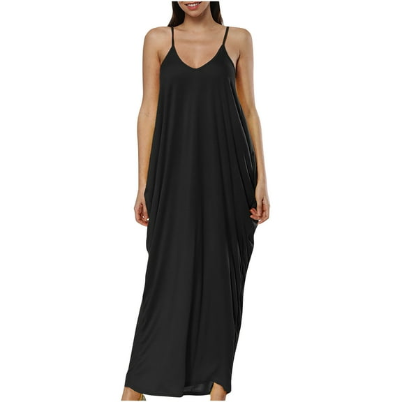 Bigersell Sun Dresses Women Summer Casual Women's Fashion Knot Strap Shirred Back Solid Boho Sleeveless Slip Dress Regular Maxi Dress Style 19399, Female Regular Dresses Black L